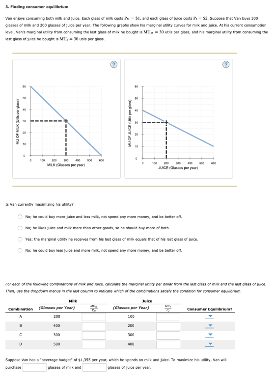 3. Finding consumer equilibrium Van enjoys consuming both milk and juice. Each glass of milk costs PM = $1, and each glass of