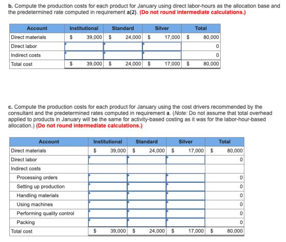 b. Compute the production costs for each product for January using direct labor-hours as the allocation base and the predeter