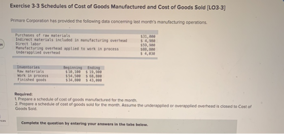 Exercise 3-3 Schedules of Cost of Goods Manufactured and Cost of Goods Sold [LO3-3) Primare Corporation has provided the foll