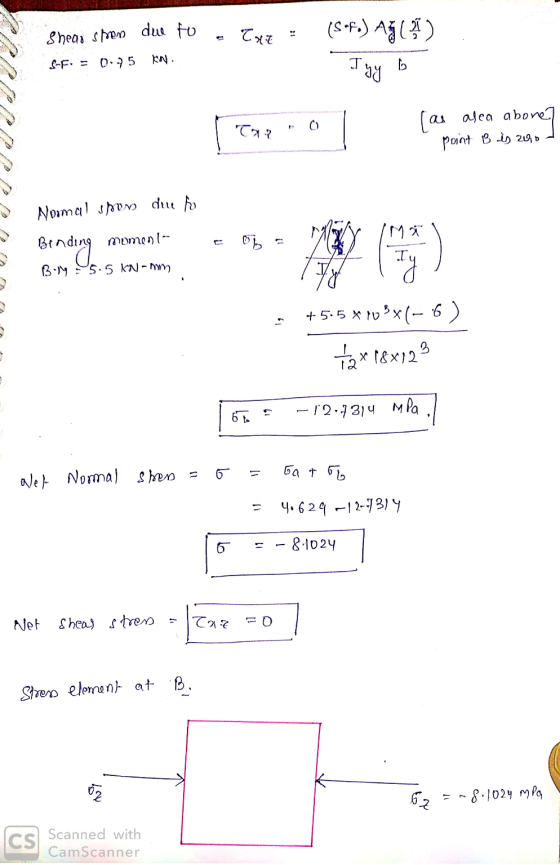 e Tx7 Sheas sten due to S-F = 0.75 KN. (S«fo) AJC91) Тань Typ : 0 as alea abone] point B is zuio Normal show due to e 02 Bend