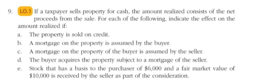 a. 9. LO.1 If a taxpayer sells property for cash, the amount realized consists of the net proceeds from the sale. For each of