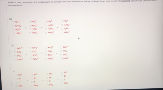 Based on their compositions and structures and on conjugate acid-base relationships arrange the bases shown below in order of