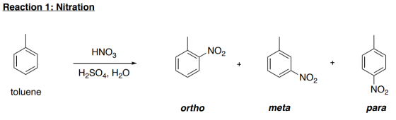 Reaction 1: Nitration HNO3 NO2 + + H2SO4, H20 NO2 toluene NO2 ortho meta para