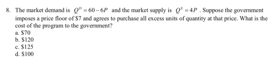 8. The market demand is Q” = 60 – 6P and the market supply is QS = 4P . Suppose the government imposes a price floor of $7 an