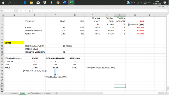 12 e 9 W v J* 03:44 ENG 26-01-2020 ENG 7 PO = 100 PRICE ECONOMY PROB YTM COUPON INTEREST c1 P1 CAPITAL GAIN P1 - PO -72.20 -6