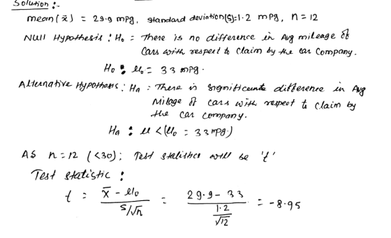 Nul Hypothestt : H. Thene is no differince ti A mileage peut t Claim by -He ear Company peet t claim by Test etatishc 29.9- 3 3