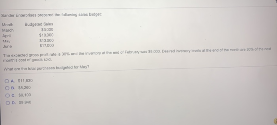 Sander Enterprises prepared the following sales budget: Month March April Budgeted Sales $3,000 $10,000 $13,000 $17.000 May J