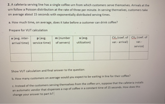 2. A cafeteria serving line has a single coffee urn from which customers serve themselves. Arrivals at the urn follow a Poiss