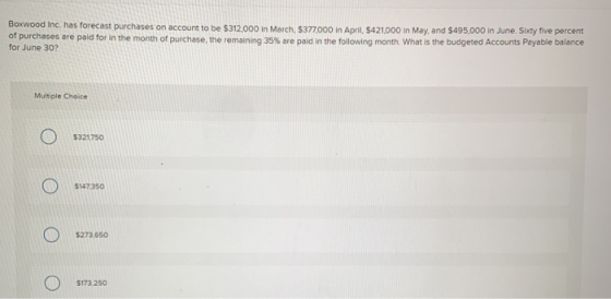 Boxwood Inc. has forecast purchases on account to be $312.000 in March, $377,000 in April, $421000 in May, and $495,000 in Ju