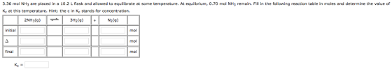 Mol NH_3 are placed in a 10.2 L flask and allowed