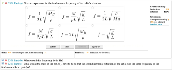33% Part (a) Give an expression for the fundamental frequency of the cables vibration. Grade Summary Deductions 0% Potential
