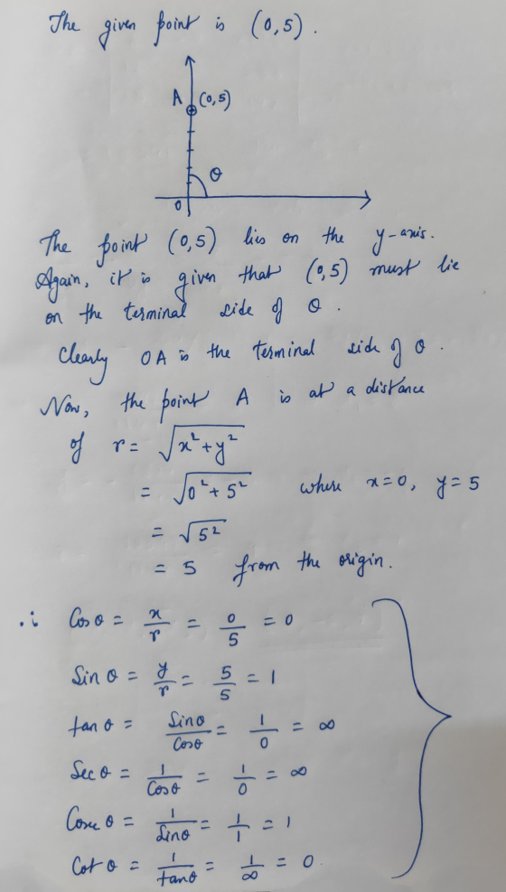 The giver point is (0,5). The point (0,5 lies on the y-aris. Again, it is given that (0,5) must lie on the terminal side of o
