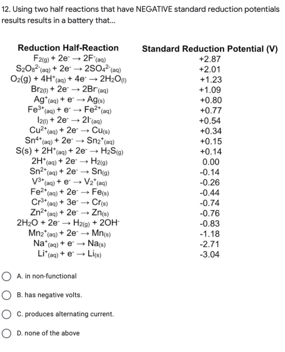 12. Using two half reactions that have NEGATIVE standard reduction potentials results results in a battery that... Reduction
