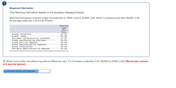 Required information (The following information applies to the questions displayed below.) Martinez Companys relevant range