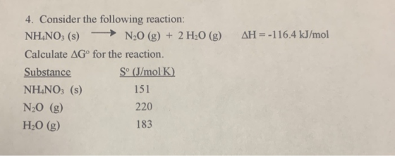 AH = -116.4 kJ/mol 4. Consider the following reaction: NH4NO3 (s) N20 (g) + 2 H2O (g) Calculate AGº for the reaction. Substan