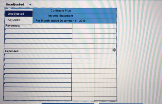 Unadjusted Contracts Plus Unadjusted Adjusted Income Statement For Month ended December 31, 2019 Revenues: Expenses: