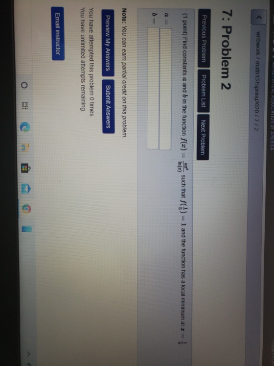 TALLATICAL ASSULTATION OF AMERICA webwork / math131spring2020 / 712 7: Problem 2 Previous Problem Problem List Next Problem (
