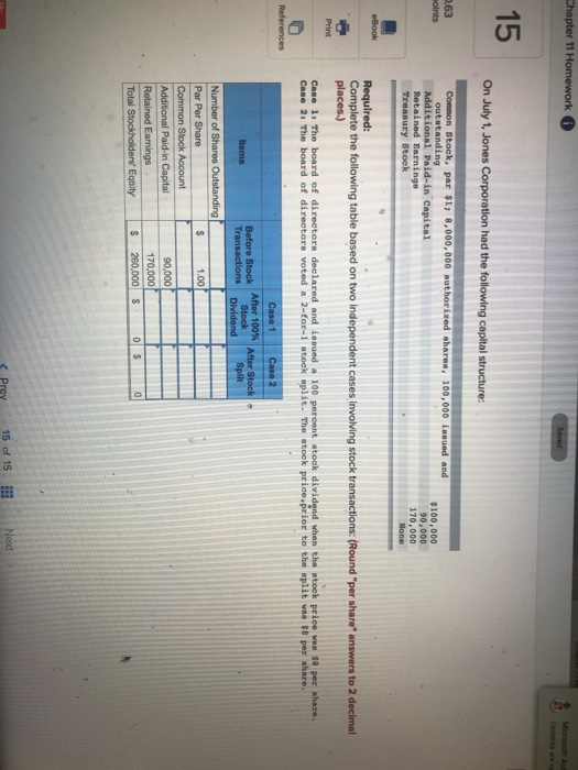 Chapter 11 Homework Microsoft 15 On July 1, Jones Corporation had the following capital structure: 0.63 noints Common Stock,