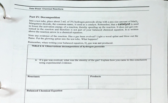 Data Sheet: Chemical Reactions Part IV. Decomposition Into a test tube, place about 2 mL of 3% hydrogen peroxide along with a