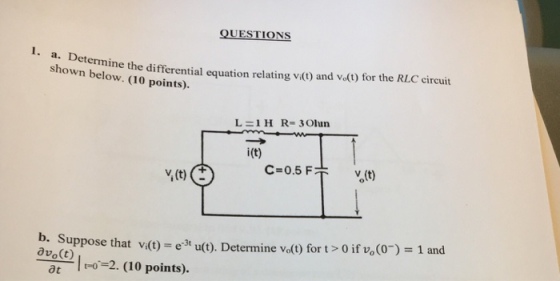 shown below. (10 points). rmine the differential equation relating vi) and vot) for the RLC circuit i(t) C-0.5 F v(t) V,(t) b.. Suppose that avo(t) vi(t) e-3t u(t). Determine vdt) for t > 0 if vo(0-)-1 and 1 t-o-=2. (10 points). at