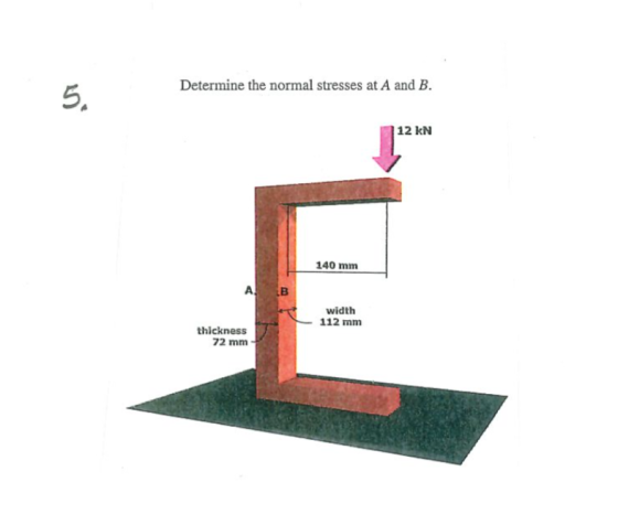 Determine the normal stresses at A and B. 5, 12 kN 140 mm A B width 112 mm thickness 72 mm
