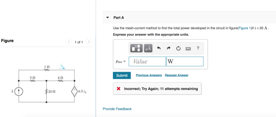 Part A Use the mesh-current method to find the total power developed in the circuit in figure(Figure 1)if i = 20 A. Express y