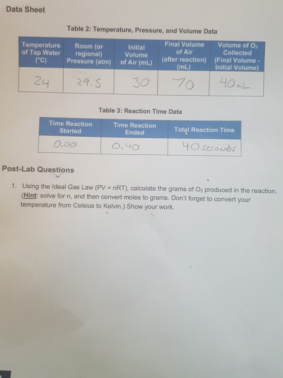 Data Sheet Table 2: Temperature, Pressure, and Volume Data Temperature of Tap Water (°C) Room (or regional) Pressure (atm) In