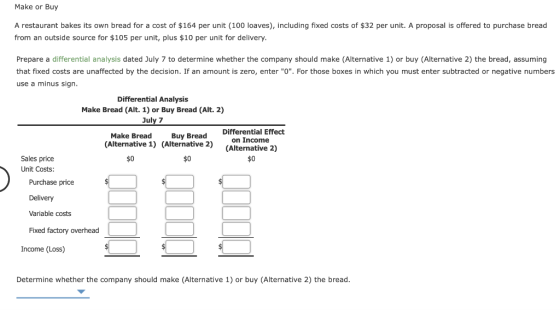 Make or Buy A restaurant bakes its own bread for a cost of $164 per unit (100 loaves), including fixed costs of $32 per unit.