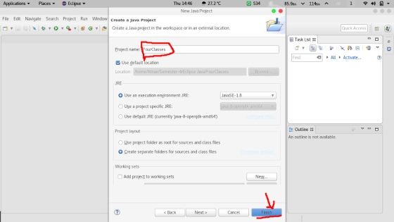 Applications ▼ Places ▼ Eclipse ▼ Thu 14:46 27.2℃ 図534 85.9s 114B A 1 令49 New Java Project File Edit Navigate Search Project