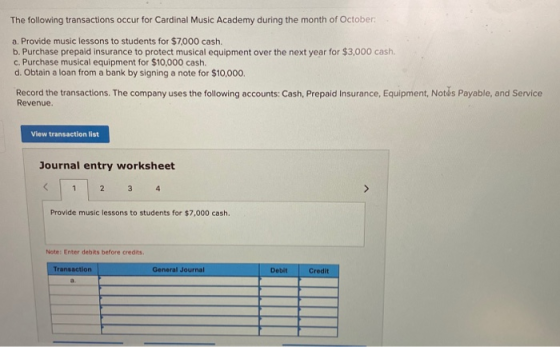 The following transactions occur for Cardinal Music Academy during the month of October a. Provide music lessons to students