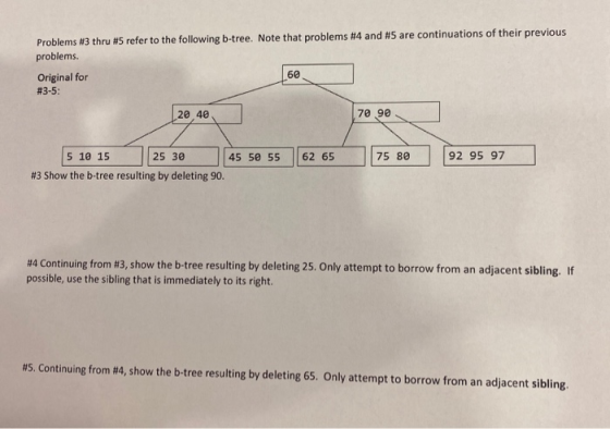 Problems #3 thru #5 refer to the following b-tree. Note that problems #4 and #5 are continuations of their previous problems.