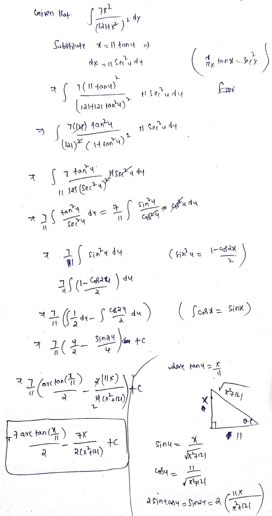 (121)2 (Httanu) Eniven that 7x2 (lalt yhje dy si Substitute = 11 tanu a dx = 11 seply dy d ТІК farin bir a न pisepudy for 7(l