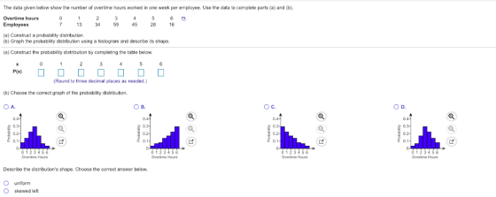 The data given below show the number of overtime hours worked in one week per employee. Use the data to complete parts (a) and (b Overtime hours Employees 34 59 45 28 16 (a) Construct a probability distribution (b) Graph the probability distribution using a histogram and describe its shape. (a) Construct the probability distribution by completing the table below. Round to three decimal places as needed.) (b) Choose the correct graph of the probability distribution. A. D. 0.2 0.1 0.1 0 1 23456 Overtime Hours 0123456 Overtime Hours 0 1 23456 Overtime Hours 0 1 2 3456 Overtime Hours Describe the distributions shape. Choose the correct answer below. O uniform O skewed left