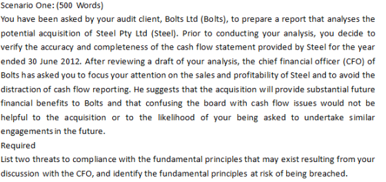 Scenario One: (500 Words) You have been asked by your audit client, Bolts Ltd (Bolts), to prepare a report that analyses the potential acquisition of Steel Pty Ltd (Steel). Prior to conducting your analysis, you decide to verify the accuracy and completeness of the cash flow statement provided by Steel for the year ended 30 June 2012. After reviewing a draft of your analysis, the chief financial officer (CFO) of Bolts has asked you to focus your attention on the sales and profitability of Steel and to avoid the distraction of cash flow reporting. He suggests that the acquisition will provide substantial future financial benefits to Bolts and that confusing the board with cash flow issues would not be helpful to the acquisition or to the likelihood of your being asked to undertake similar engagements in the future. Required List two threats to compliance with the fundamental principles that may exist resulting from your discussion with the CFO, and identify the fundamental principles at risk of being breached.