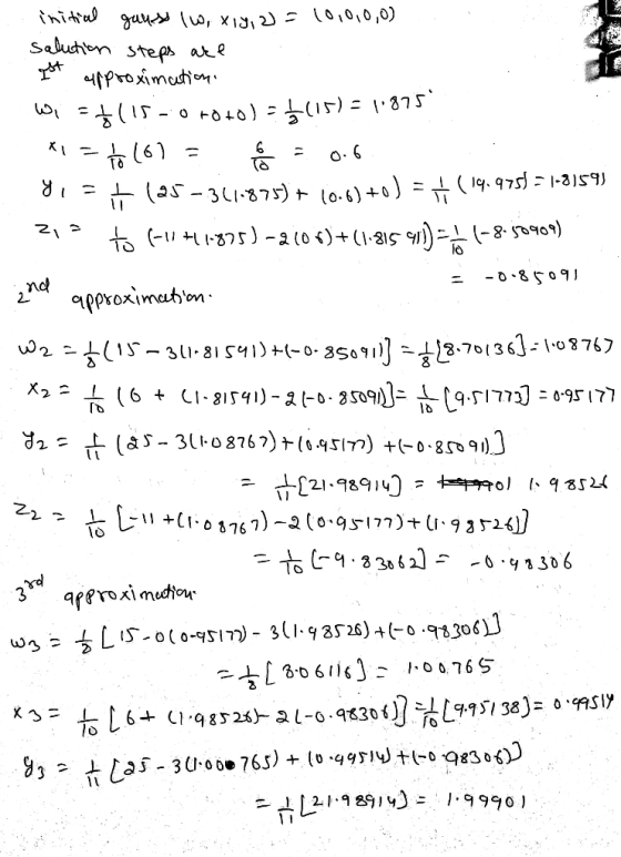 initial gauss Iw, xiy, 2 = 10,0,0,0) salution steps are est approximation X 6 0.6 y = Wii = ţ115 - 0+0+0) = $(15) = 1.875 to