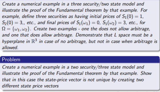 Create a numerical example in a three security/two state model and illustrate the proof of the Fundamental theorem by that ex