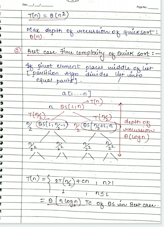 Date _ Page No.: Tin - on 2 Max depth of weeussiow of quicksoot! oln). 2 lest Best case time complexity of Quick sort :- sts