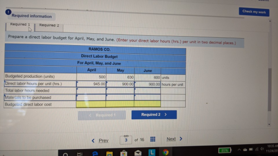 Check my work Required information Required 1 Required 2 Prepare a direct labor budget for April, May, and June. (Enter your
