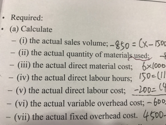 Required: . (a) Calculate () the actual sales volume: -950 x-00 (ii) the actual quantity of materials used:, (ii) the actual direct material cost, 6xlooo (iv) the actual direct labour hours; 150-( (v) the actual direct labour cost, (vi) the actual variable overhead cost;-600 (vii) the actual fixed overhead cost. 45DD- ー120ニー