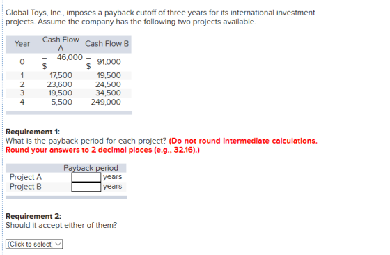 Global Toys, Inc., imposes a payback cutoff of three years for its international investment projects. Assume the company has