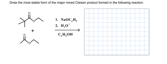 Draw the most stable form of the major mixed Claisen product formed in the following reaction. 1. NaOC,H, 2. 4,0* C,H,OH
