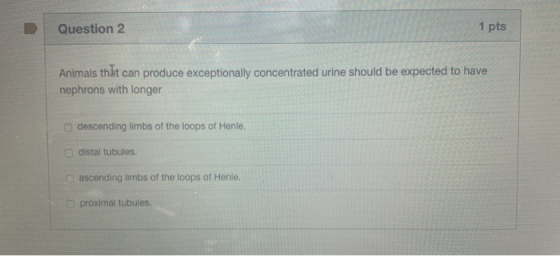 Question 2 1 pts Animals that can produce exceptionally concentrated urine should be expected to have nephrons with longer de