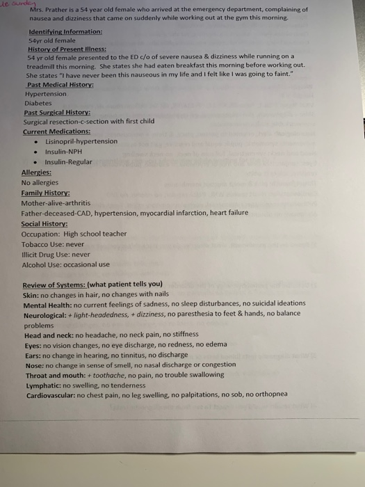 Mrs. Prather is a 54 year old female who arrived at the emergency department, complaining of nausea and dizziness that came o