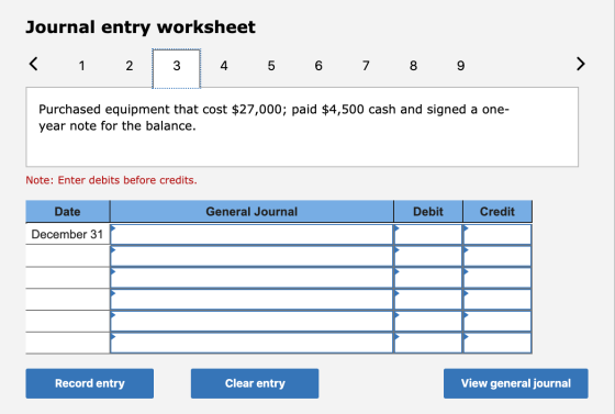 Journal entry worksheet < 1 2 4 5 6 7 8 9 Purchased equipment that cost $27,000; paid $4,500 cash and signed a one- year note