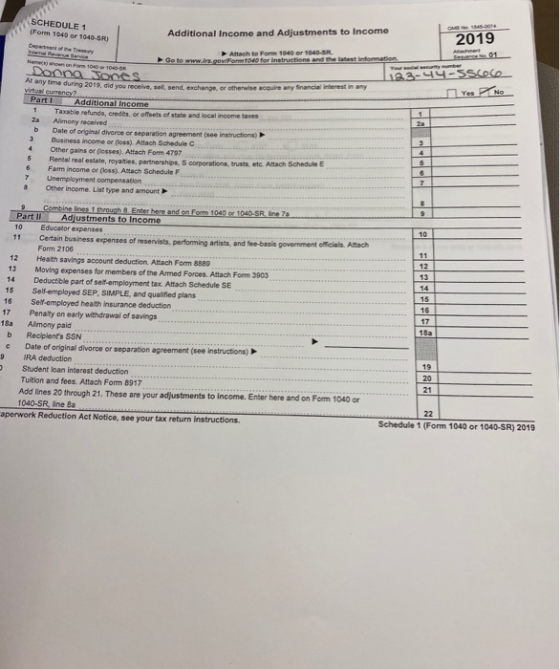 SCHEDULE 1 (Form 1040 or 1040-SR) Additional Income and Adjustments to Income 145.00 2019 Go to www.rs.powF Attach to Form 10