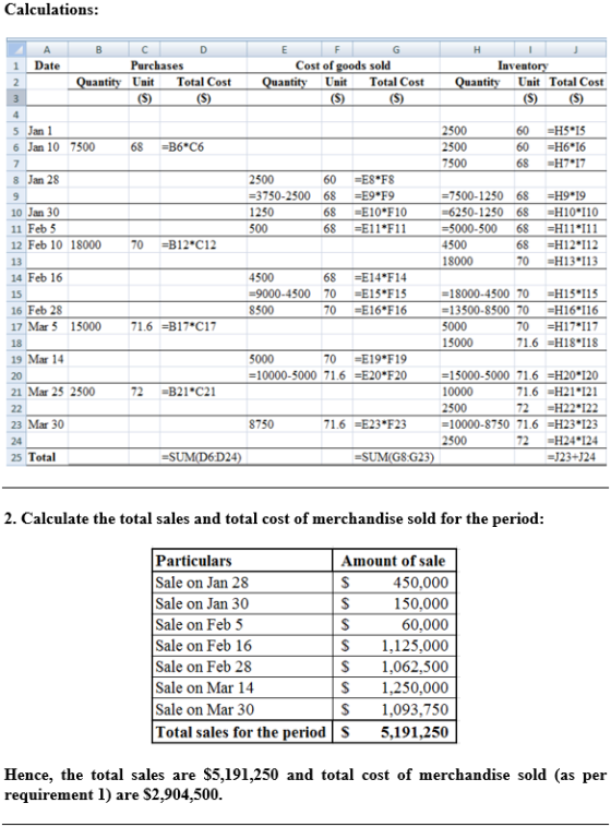Calculations: A D E G Date Purchases Cost of goods sold Inventory 1 Quantity Unit (S) Total Cost Quantity (S) Unit Total Cost