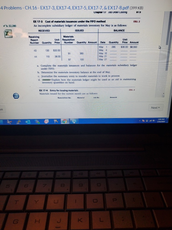 4 Problems - CH.16 - EX17-3, EX17-4, EX17-5, EX17-7, & EX17-8.pdf (399 KB) Chapter 17 Joo Uroer Cosung 017 OBJ. 2 b. $2,280 E