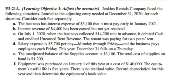 E3-21A. (Learning Objective 3: Adjust the accounts) Jenkins Rentals Company faced the following situations. Journalize the adjusting entry needed at December 31,2020, for each situation. Consider each fact separately a. The business has interest expense of $3,100 that it must pay early in January 2021 b. Interest revenue of $4,400 has been earned but not yet received. c. On July 1, 2020, when the business collected $14,200 rent in advance, it debited Cash d. Salary expense is $5,700 per day-Monday through Friday-and the business pays e. The unadjusted balance of the Supplies account is $3,100. The total cost of supplies on f. Equipment was purchased on January 1 of this year at a cost of $140,000. The equip- and credited Unearned Rent Revenue. The tenant was paying for two years rent. employees each Friday. This year, December 31 falls on a Thursday hand is $1,200. ments useful life is five years. There is no residual value. Record depreciation for this year and then determine the equipments book value.