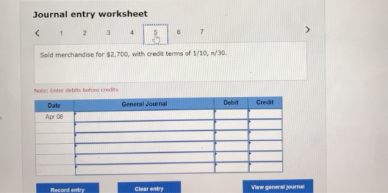 Journal entry worksheet 1 2 3 4 6 7 > Sold merchandise for $2,700, with credit terms of 1/10, n/30. Note: Enter debits before