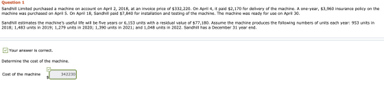Question 1 Sandhill Limited purchased a machine on account on April 2, 2018, at an invoice price of $332,220. On April 4, it